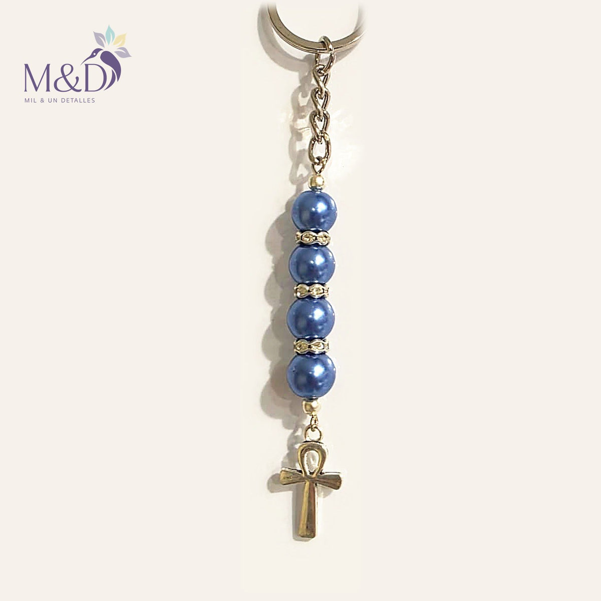Llavero Religioso de Perlas Cruz egipcia azul | Mil y un Detalles