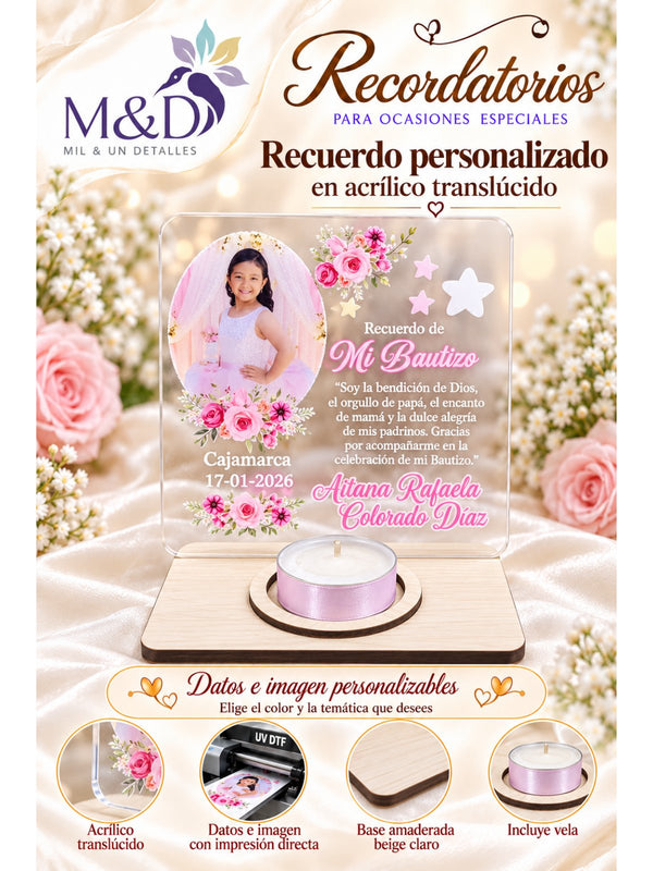 Recuerdo personalizado en acrílico translúcido con foto y vela