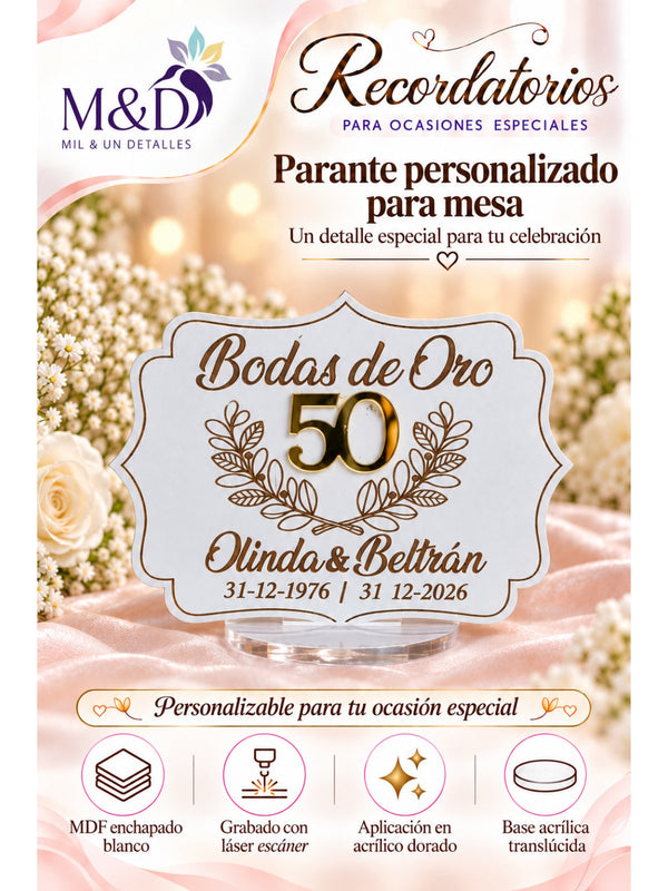 Parante personalizado para mesa Bodas de Oro