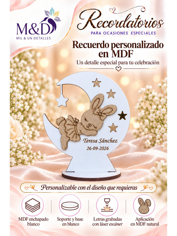 Recuerdo personalizado en MDF conejita en luna