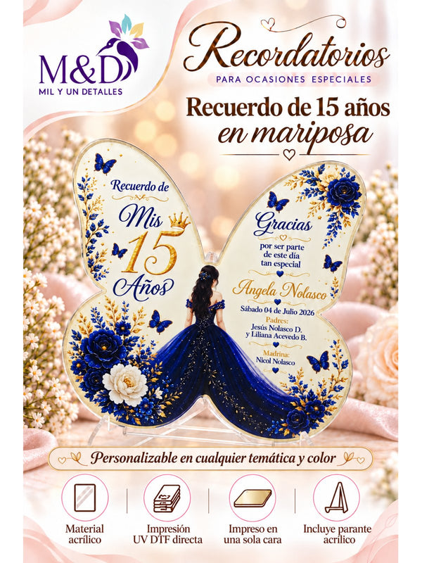 Recuerdo de 15 años en mariposa (azul)