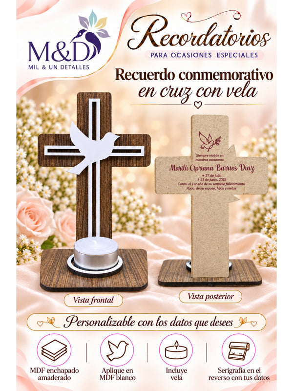 Recuerdo conmemorativo en cruz con vela (paloma)