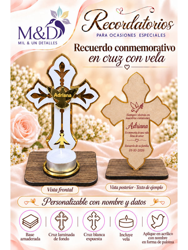 Recuerdo conmemorativo en cruz con vela (cruz laminada)