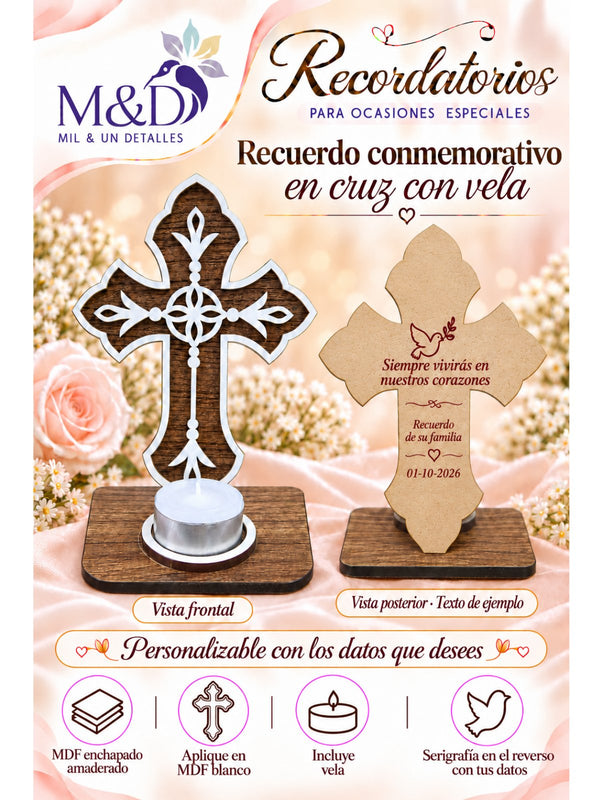 Recuerdo conmemorativo en cruz con vela (calada)