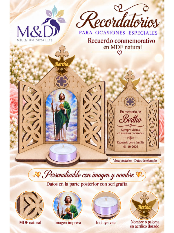 Recuerdo conmemorativo en MDF natural con imagen religiosa