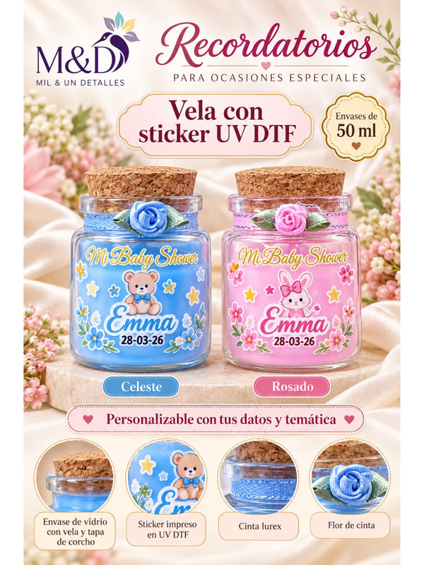Vela con sticker UV DTF