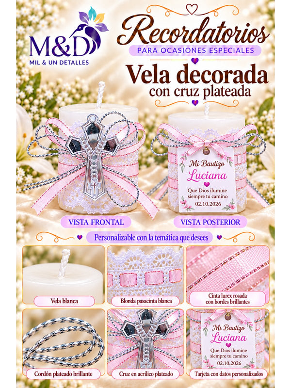 Vela decorada con cruz plateada