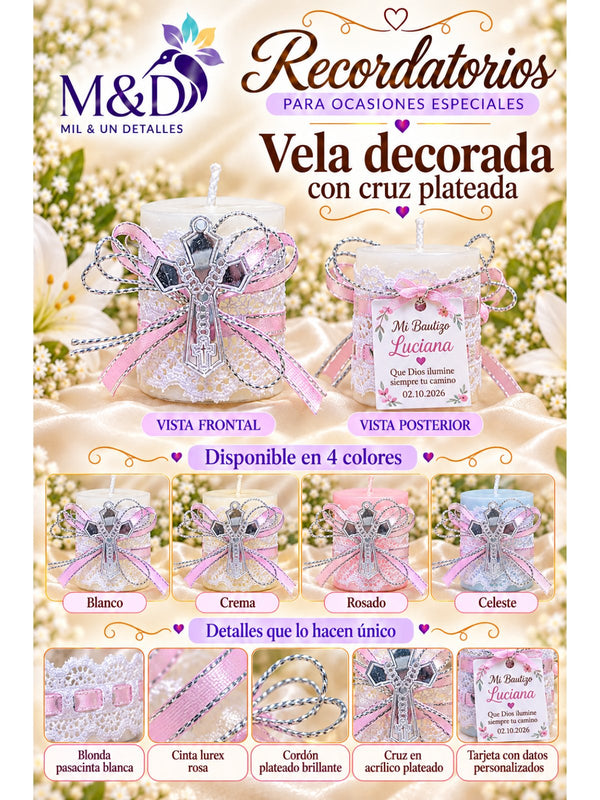 Vela decorada con cruz plateada (modelo 2)