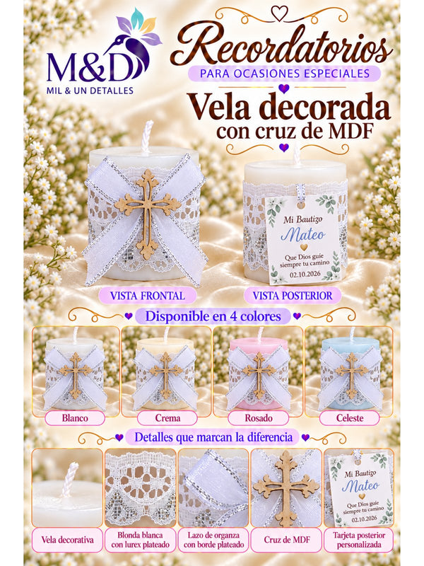 Vela decorada con cruz de MDF
