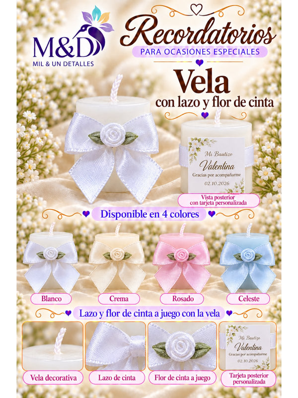 Vela con lazo y flor de cinta